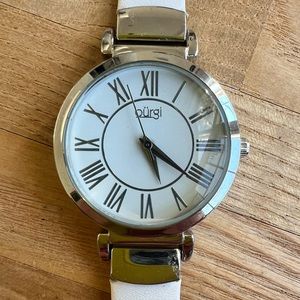 Burgi ladies round silver tone white leather dress watch NEW BATTERY